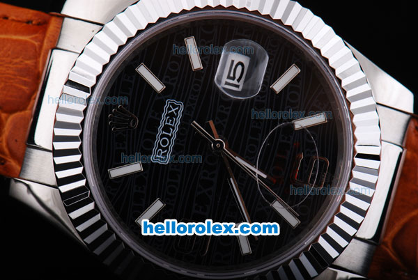 Rolex Datejust Working Chronograph Automatic Movement with Black Dial-Brown Leather Strap - Click Image to Close